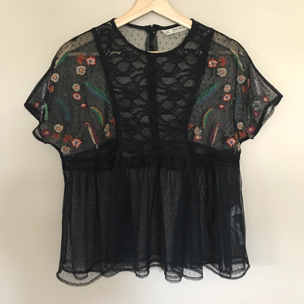 ZARA embroidered floral plumetis blouse